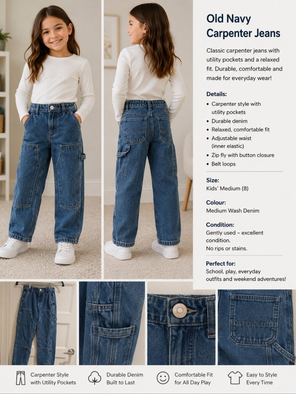 3/$15 Old Navy girls Blue Carpenter Jeans